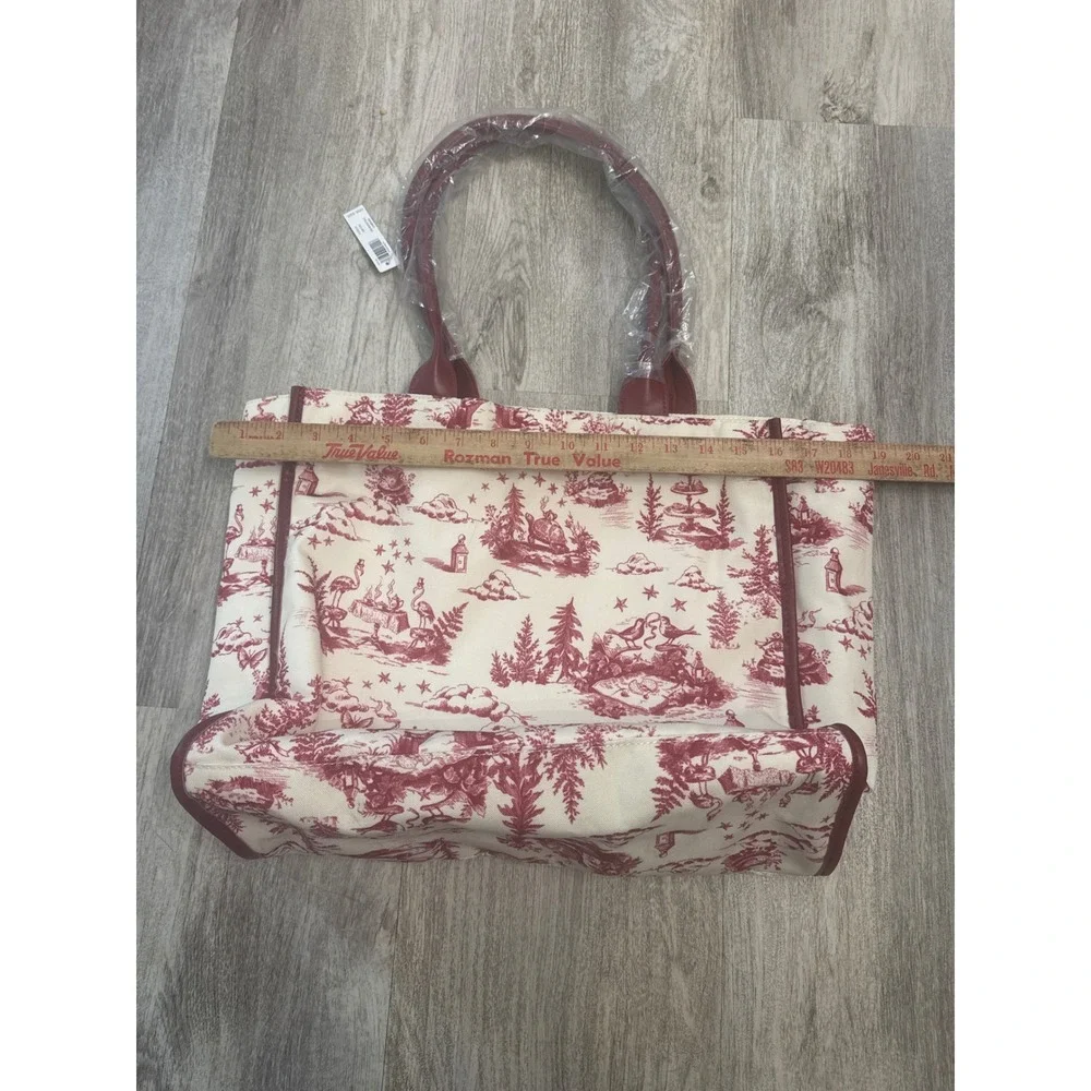 Soma Enchanted Tote Champagne Red Toile Winter Scene Canvas Bag New